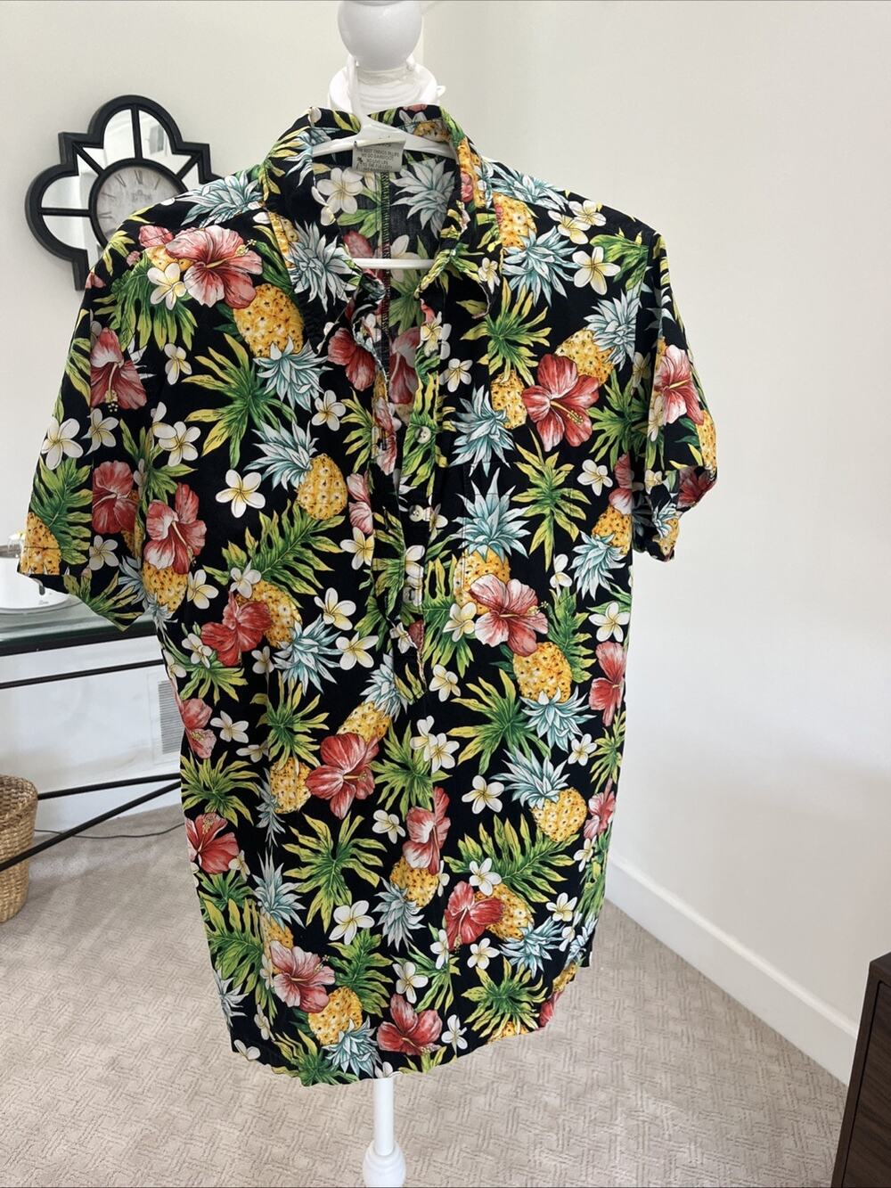 Go Barefoot Hawaiian Shirt Womens Large Black Hula Scenic Cotton Made in USA